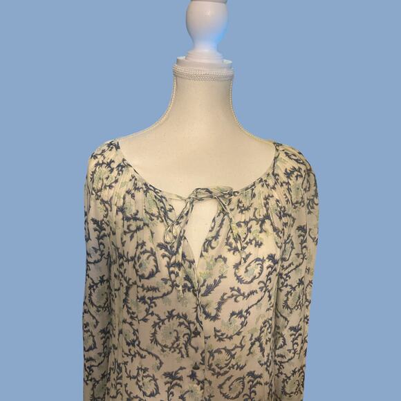 Lucky Brand Boho Floral Blouse | Tie Neck + Border Print | S - Picture 5 of 6